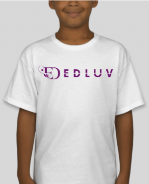 A man wearing a white t-shirt with the word " edluv ".