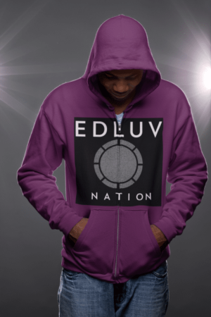 A man wearing purple hoodie with the word " edluv nation " on it.