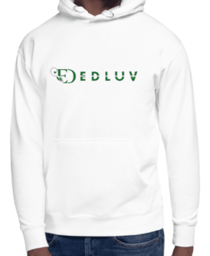A white hoodie with the word dedluv written in green.