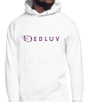 A man wearing a white hoodie with the word dedluv written on it.
