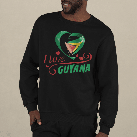 A man wearing a black sweatshirt with the words " i love guyana ".