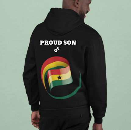 A man wearing a black hoodie with the words proud son of ghana on it.