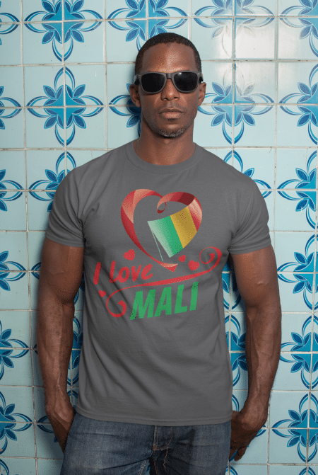 A man wearing sunglasses and a t-shirt with the words " love mali " written on it.