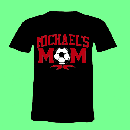 A black shirt with the name michael 's mom and soccer ball.