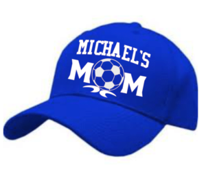 A blue hat with the name michael 's mom and soccer ball on it.