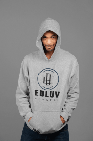 A man wearing a gray hoodie with an edluv logo on it.