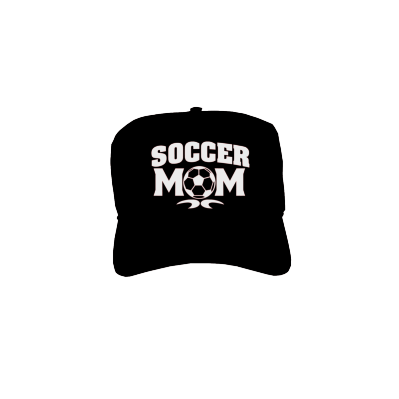 A black hat with the word soccer mom on it.