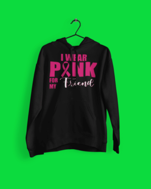 A black hoodie with pink lettering on it.