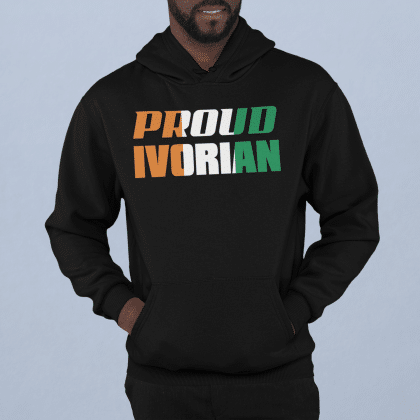 A man wearing a black hoodie with the words proud ivorian written on it.