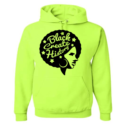 A neon yellow hoodie with a black woman 's head.