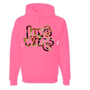 A pink hoodie with the words love wins written in gold.