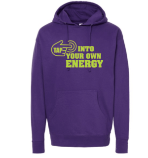 A purple hoodie with an energy symbol on it.