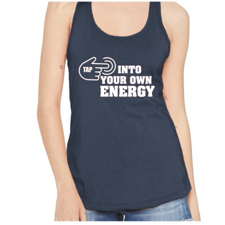 A woman wearing a tank top with an energy symbol on it.