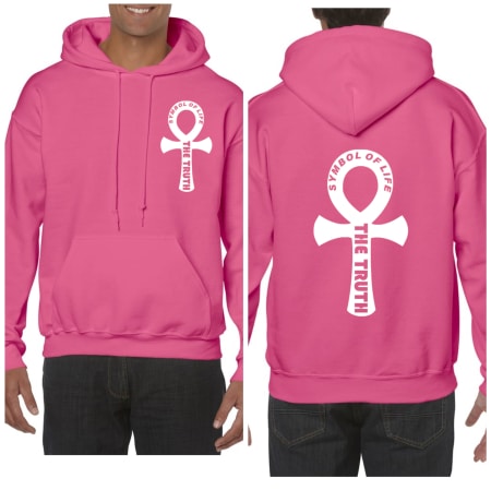 A pink hoodie with an ankh on it