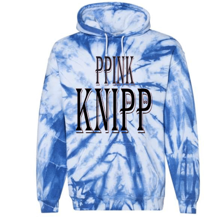 A blue and white tie dye hoodie with the words " p pink knipp ".