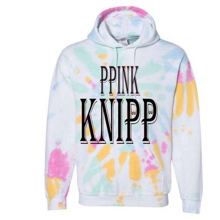 A white hoodie with pink, yellow and blue paint splashing all over it.