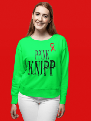 A woman wearing a neon green sweatshirt with the words " pink knipp ".