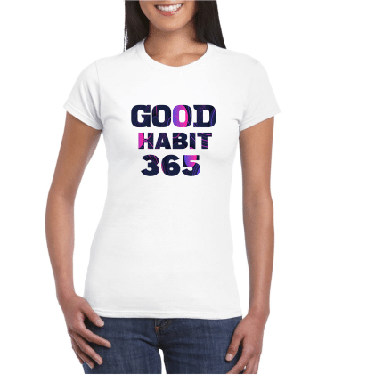 A woman wearing white t-shirt with the words " good habit 3 6 5 ".