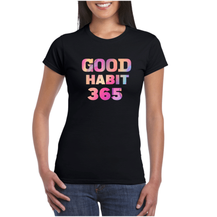 A woman wearing black t-shirt with the words " good habit 3 6 5 ".
