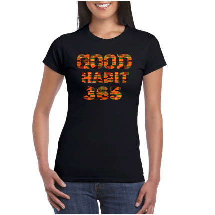 A woman wearing black t-shirt with good habit 3 6 5 written in red.