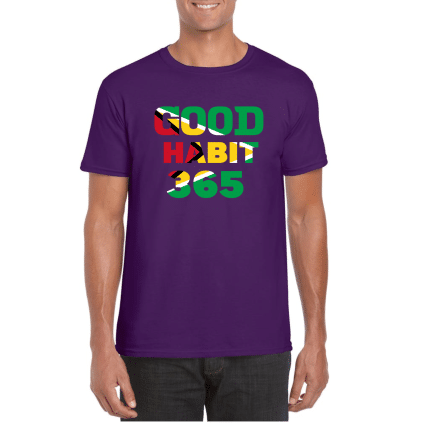 A man wearing purple t-shirt with the words " good, bad and ugly ".