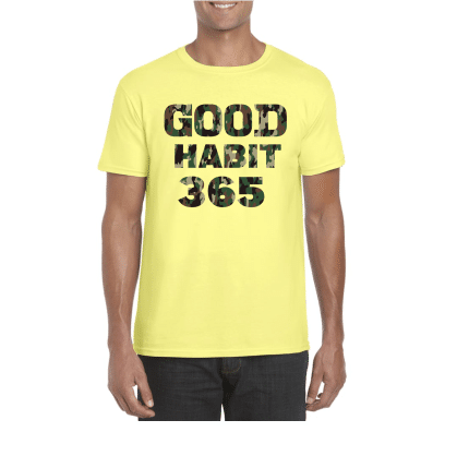 A man wearing a yellow shirt with the words " good habit 3 6 5 ".