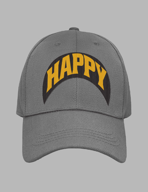 A gray hat with the word " happy " on it.