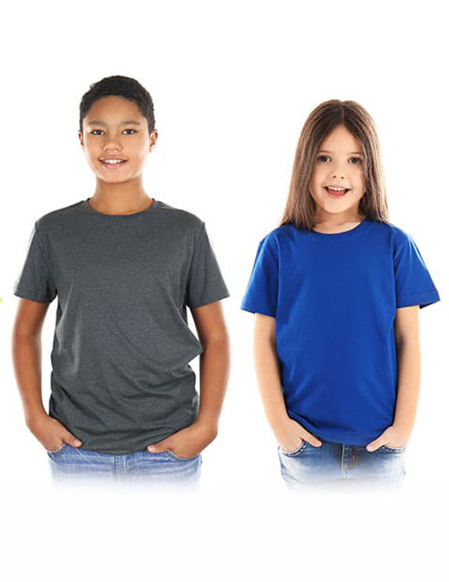 Two children are posing for a picture wearing t-shirts.