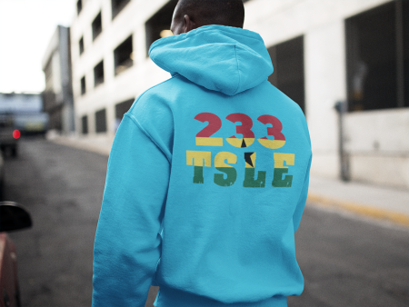 A person wearing a blue hoodie with the number 2 3 3 on it.