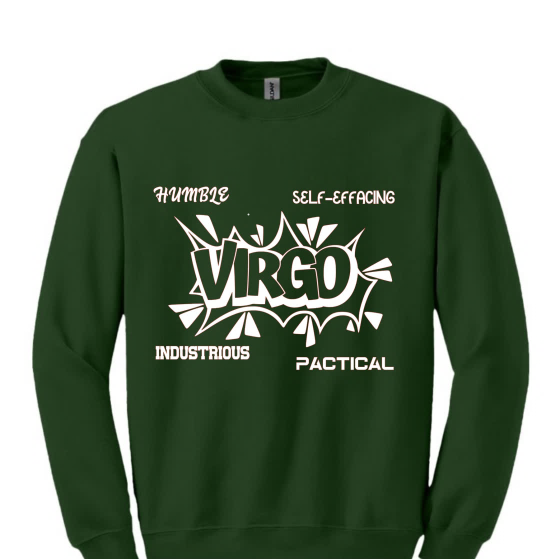 A green sweatshirt with virgo written on it.
