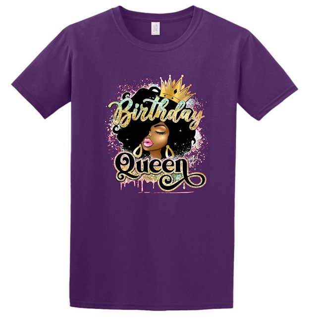 A purple t-shirt with the words " birthday queen ".