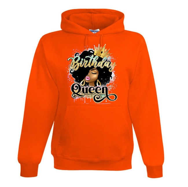A orange hoodie with the words " birthday queen ".