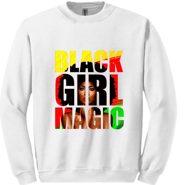 A white sweatshirt with the words black girl magic written in red, yellow and green.