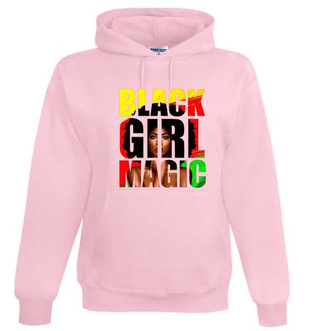 A pink hoodie with the words black girl magic written in different colors.