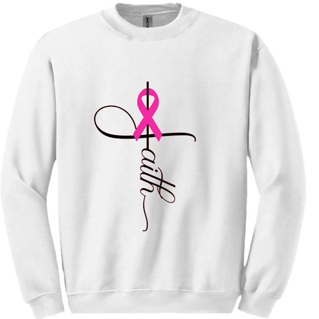A white sweatshirt with a pink ribbon and cross.