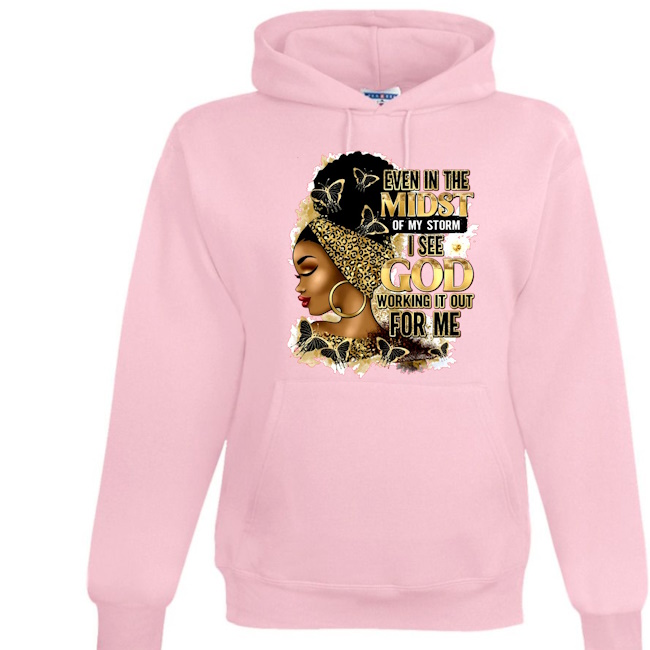 A pink hoodie with an image of a woman.