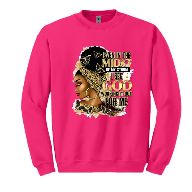 A pink sweatshirt with an image of a man.