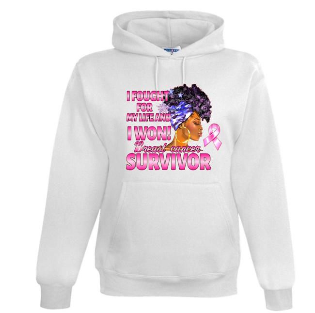 A white hoodie with breast cancer awareness and a woman.