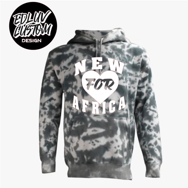 A black and white tie dye hoodie with the words new for africa on it.
