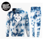A blue tie dye outfit with a hoodie and pants.