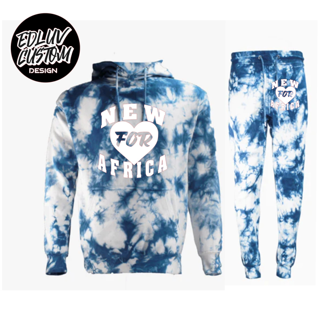 A blue tie dye outfit with a hoodie and pants.