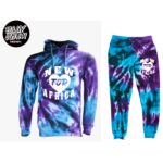 A purple and blue tie dye outfit with a hoodie.