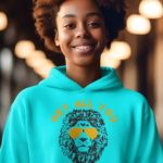 A woman wearing a blue hoodie with an image of a lion.